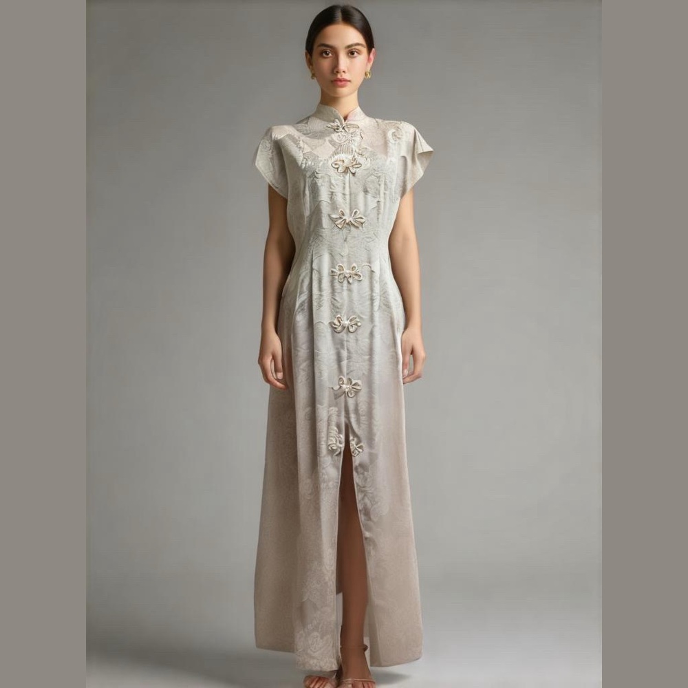 Elegant Cream Maxi Dress with Mandarin Collar